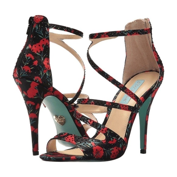 Betsey Johnson Izzy Black Red Floral Crystal Heels